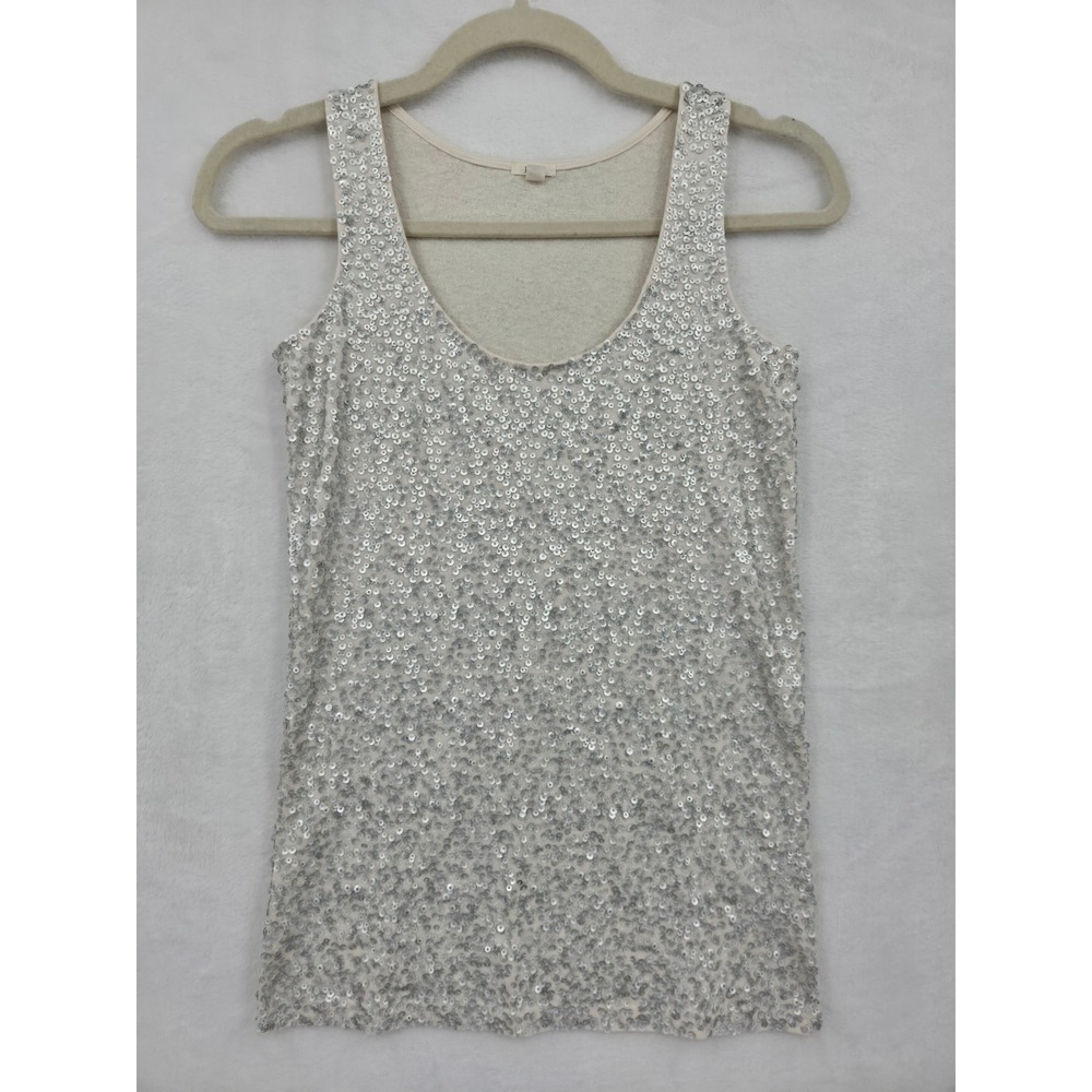 J.Crew Silver Sequin Tank Top Cream Cotton Linen Blend Scoop Neck XXS New Years